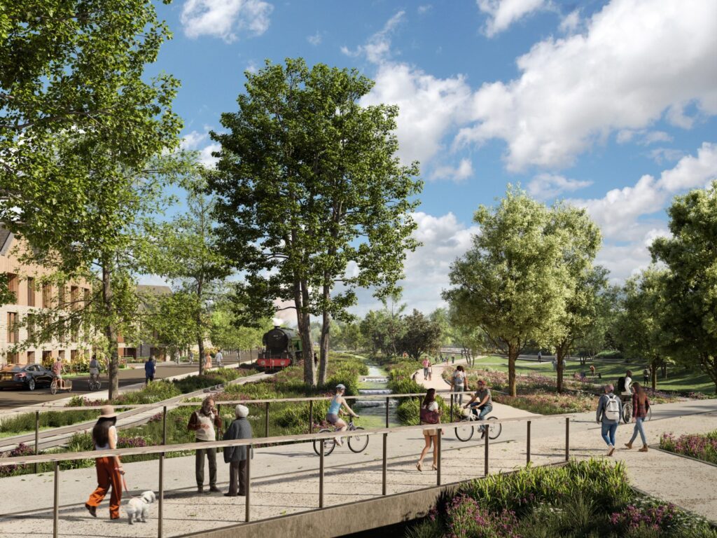 CGI of York Central with people, trees, pathway